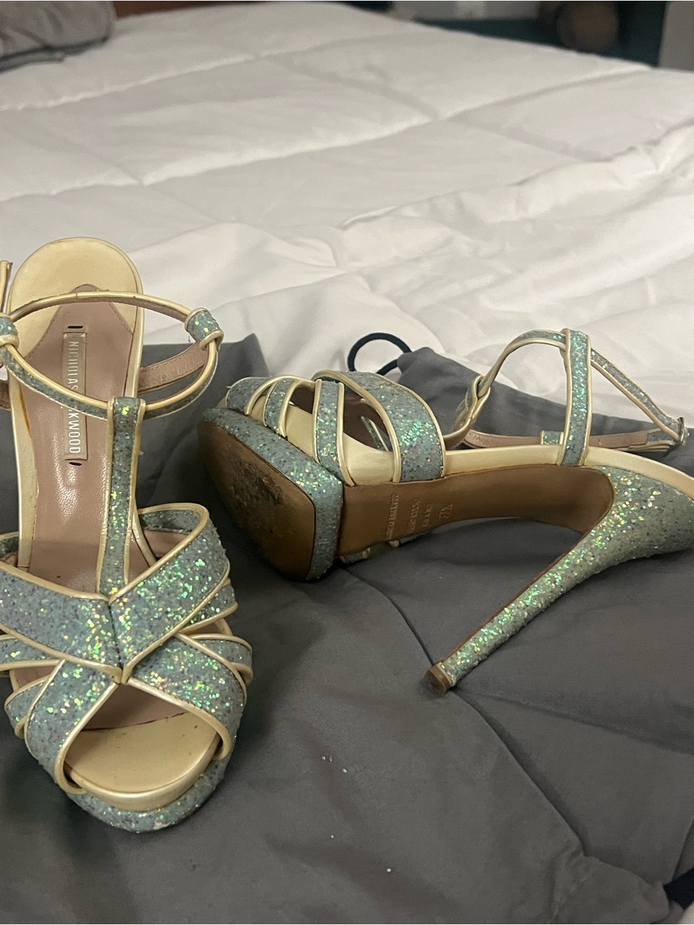 Nicholas Kirkwood Aqua Glitter Strappy Stiletto Sandals